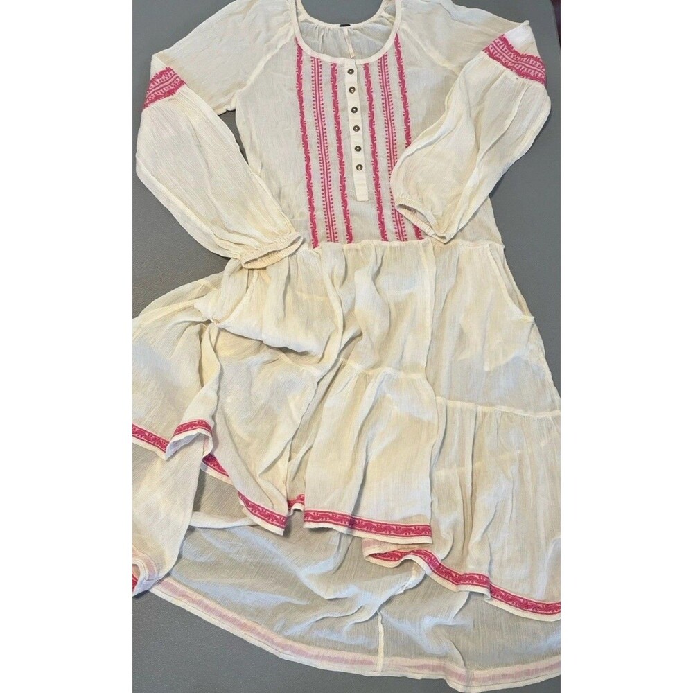 Free People Embroidery Womens Dress Small Ivory Gauzy Cotton Hi-Low Hem Fairy
